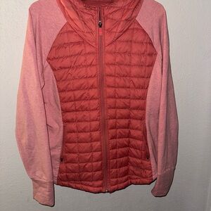 The North Face Coral and Light Pink Quilted Hybrid Puffer Jacket